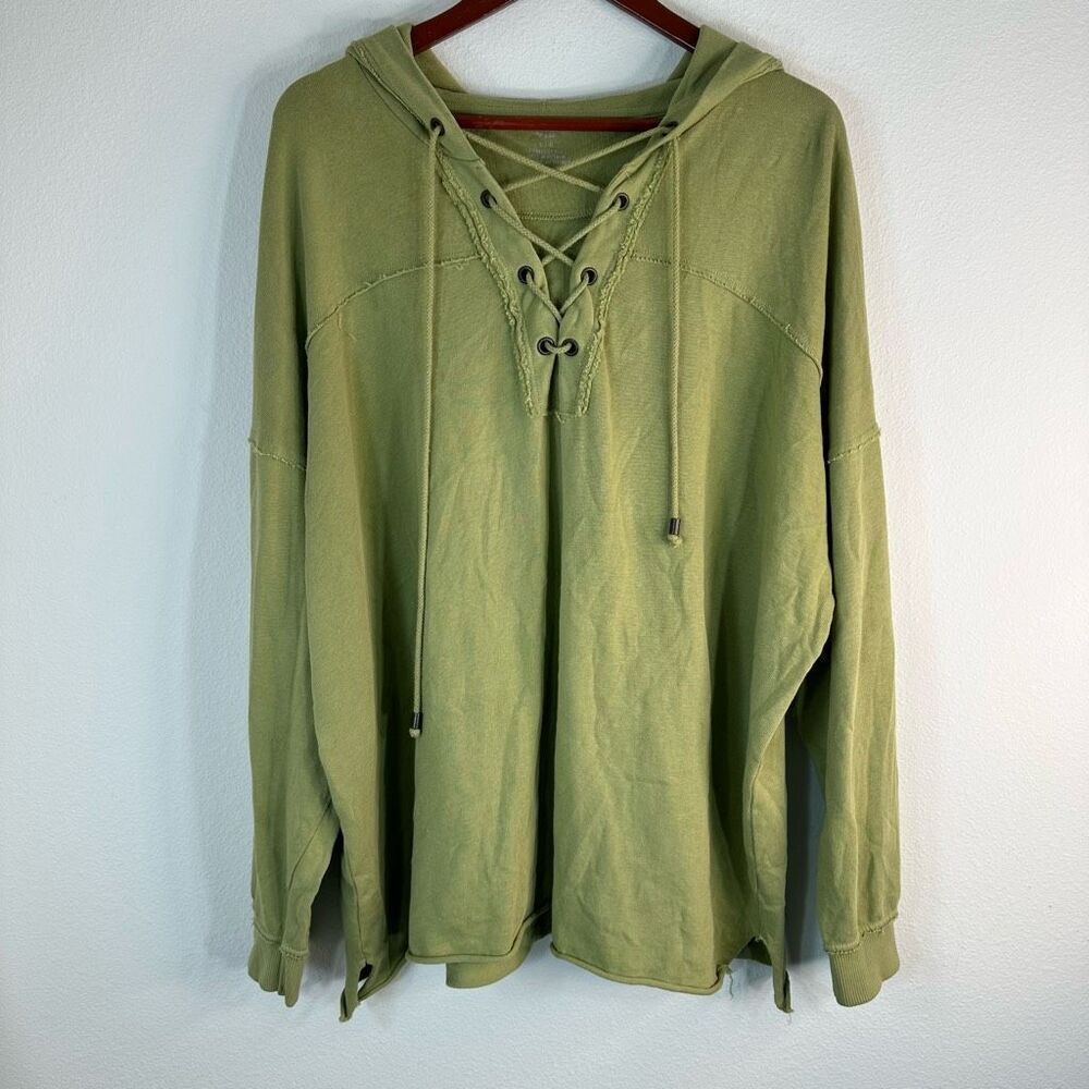 Aerie Green Lace Up Vneckline Oversized Hoodie Womens Large Casual Athleisure